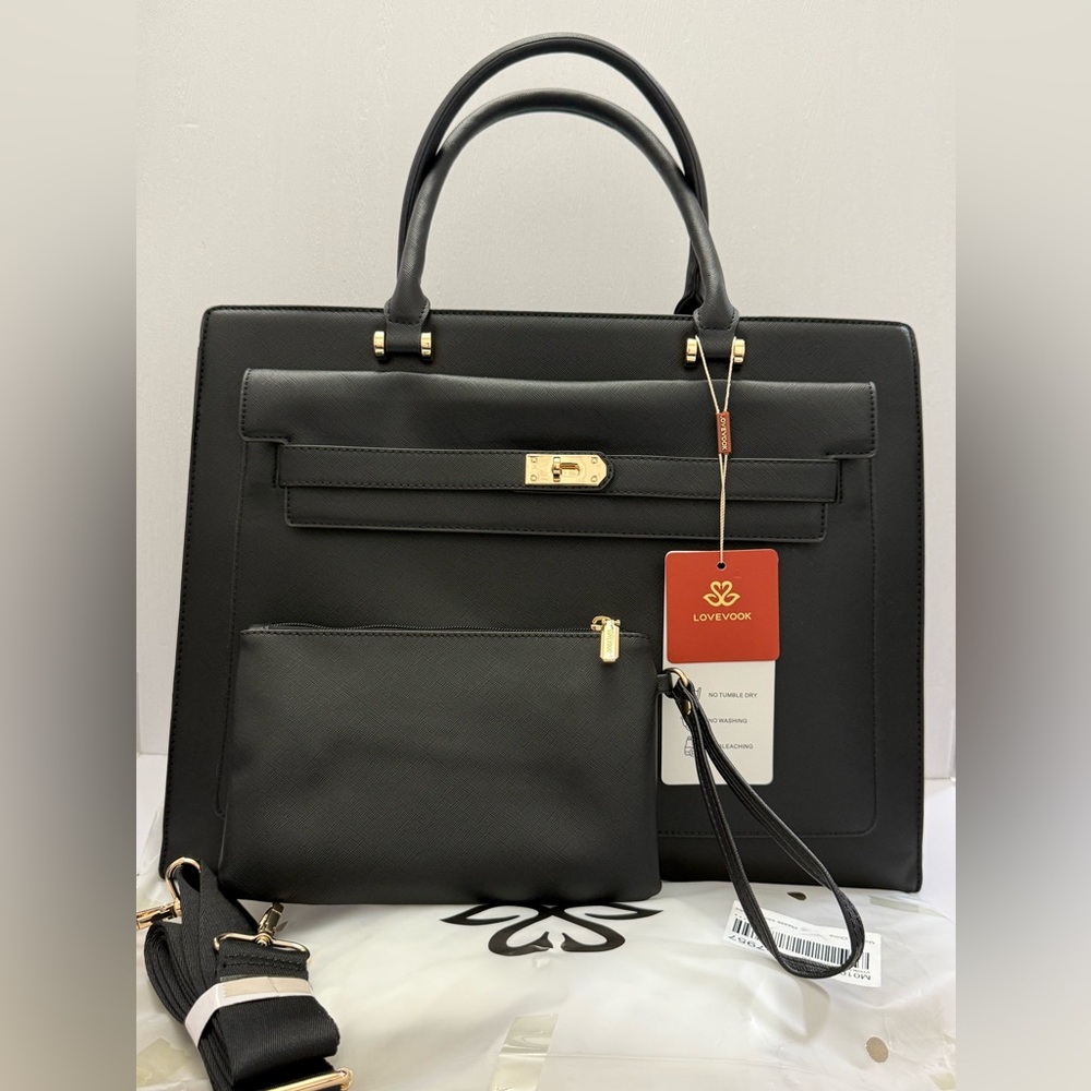 LOVEVOOK 17inch Laptop Handbag for Women,Waterproof PU Leather Crossbody Black - Picture 2 of 11